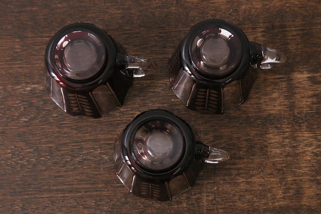 アンティーク雑貨　国産　切子ガラス　カップ&ソーサー　3客セット(R-040128)