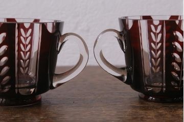 アンティーク雑貨　国産　切子ガラス　カップ&ソーサー　3客セット(R-040128)