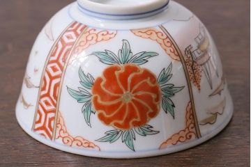 和製アンティーク　古伊万里　江戸期　華やかな色絵染付の蓋つき茶碗2客セット(和食器)(R-040138)