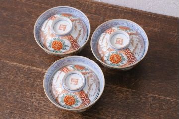 和製アンティーク　古伊万里　江戸期　華やかな色絵染付の蓋つき茶碗2客セット(和食器)(R-040138)