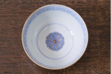 和製アンティーク　古伊万里　江戸期　華やかな色絵染付の蓋つき茶碗2客セット(和食器)(R-040138)