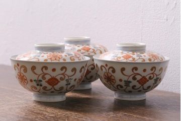 アンティーク雑貨　古民具・骨董　江戸期　上品な雰囲気の色絵蓋付茶碗3客セット(和食器)(R-040139)