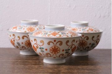 アンティーク雑貨　古民具・骨董　江戸期　上品な雰囲気の色絵蓋付茶碗3客セット(和食器)(R-040139)