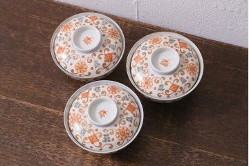 アンティーク雑貨　古民具・骨董　江戸期　上品な雰囲気の色絵蓋付茶碗3客セット(和食器)(R-040139)