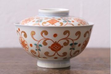 アンティーク雑貨　古民具・骨董　江戸期　上品な雰囲気の色絵蓋付茶碗3客セット(和食器)(R-040139)