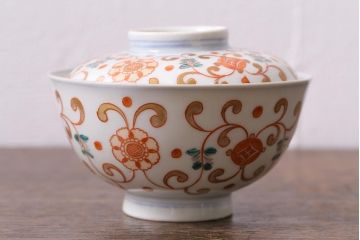 アンティーク雑貨　古民具・骨董　江戸期　上品な雰囲気の色絵蓋付茶碗3客セット(和食器)(R-040139)