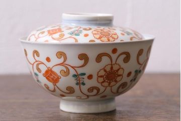 アンティーク雑貨　古民具・骨董　江戸期　上品な雰囲気の色絵蓋付茶碗3客セット(和食器)(R-040139)