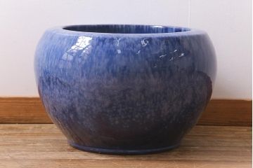 アンティーク雑貨　昭和中期　濃淡のある青色が美しいなまこ釉の火鉢(鉢カバー)(R-040172)