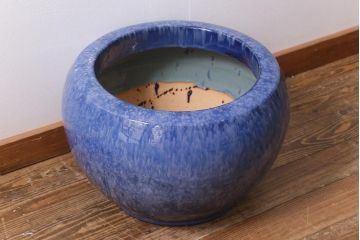 アンティーク雑貨　昭和中期　濃淡のある青色が美しいなまこ釉の火鉢(鉢カバー)(R-040172)