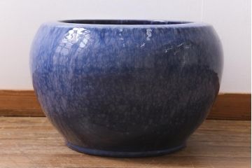 アンティーク雑貨　昭和中期　濃淡のある青色が美しいなまこ釉の火鉢(鉢カバー)(R-040172)