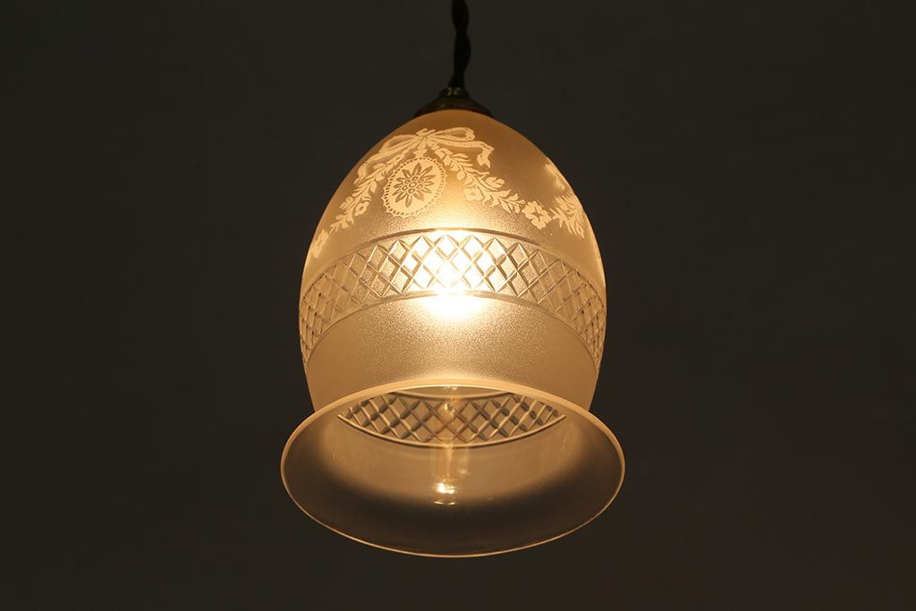 ヴィンテージ照明　フランスビンテージ　フロストガラス　美しい模様が浮かび上がるガラスシェードのペンダントライト(天井照明、シェード)(R-040180)