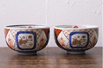 アンティーク雑貨　明治期　染付色絵茶碗2客セット(和食器)(R-040196)