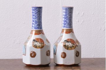 アンティーク雑貨　明治期　花鳥図　九谷焼色絵徳利2点セット(酒入、酒器)(R-040200)
