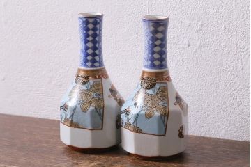 アンティーク雑貨　明治期　花鳥図　九谷焼色絵徳利2点セット(酒入、酒器)(R-040200)