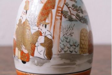 アンティーク雑貨　明治期　鶴の図　波千鳥　九谷焼色絵徳利 袴付2点セット(酒入、酒器、とっくり)(R-040201)