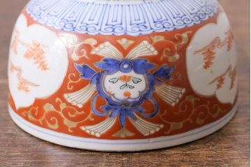 アンティーク雑貨　江戸期　大明成化年製　古伊万里　赤絵南蛮図染付　蓋茶碗(和食器)(R-040203)