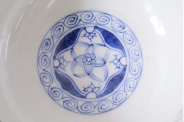 アンティーク雑貨　江戸期　大明成化年製　古伊万里　赤絵南蛮図染付　蓋茶碗(和食器)(R-040203)