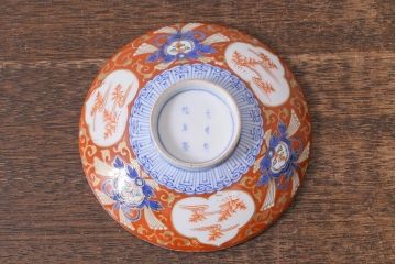 アンティーク雑貨　江戸期　大明成化年製　古伊万里　赤絵南蛮図染付　蓋茶碗(和食器)(R-040203)