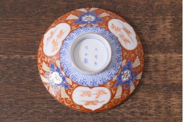 アンティーク雑貨　江戸期　大明成化年製　古伊万里　赤絵南蛮図染付　蓋茶碗(和食器)(R-040205)