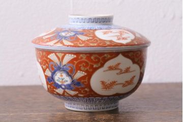 アンティーク雑貨　江戸期　大明成化年製　古伊万里　赤絵南蛮図染付　蓋茶碗(和食器)(R-040205)