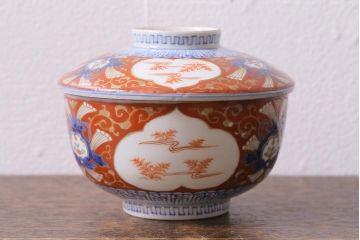 アンティーク雑貨　江戸期　大明成化年製　古伊万里　赤絵南蛮図染付　蓋茶碗(和食器)(R-040206)