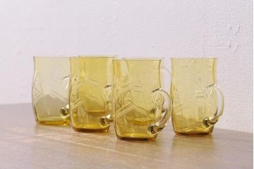 アンティーク雑貨　戦前　昭和初期　取っ手付黄色切子グラス6客セット　箱付(コップ、和ガラス)(R-040216)