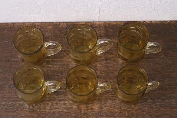アンティーク雑貨　戦前　昭和初期　取っ手付黄色切子グラス6客セット　箱付(コップ、和ガラス)(R-040216)
