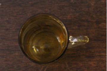 アンティーク雑貨　戦前　昭和初期　取っ手付黄色切子グラス6客セット　箱付(コップ、和ガラス)(R-040216)