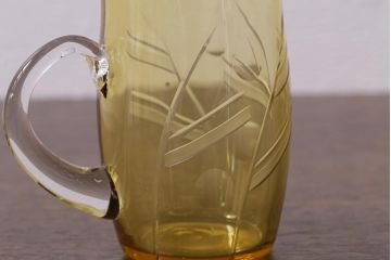 アンティーク雑貨　戦前　昭和初期　取っ手付黄色切子グラス6客セット　箱付(コップ、和ガラス)(R-040216)