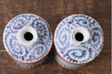 アンティーク雑貨　江戸期　蛸唐草　色絵　一対　お神酒徳利(和食器、骨董)(R-040217)