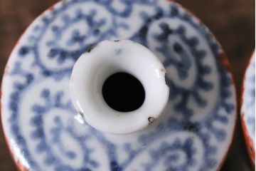アンティーク雑貨　江戸期　蛸唐草　色絵　一対　お神酒徳利(和食器、骨董)(R-040217)