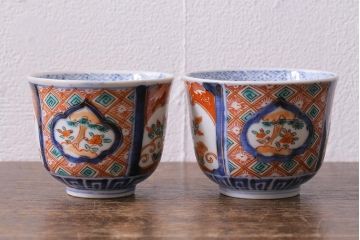 アンティーク雑貨　幕末〜明治　伊万里　色絵　蕎麦猪口2客セット(湯呑、向付、和食器)(R-040218)
