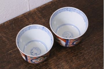 アンティーク雑貨　幕末〜明治　伊万里　色絵　蕎麦猪口2客セット(湯呑、向付、和食器)(R-040218)