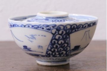 アンティーク雑貨　和製アンティーク　幕末〜明治期　大化年制　染付　蓋茶碗(和食器)(R-040219)