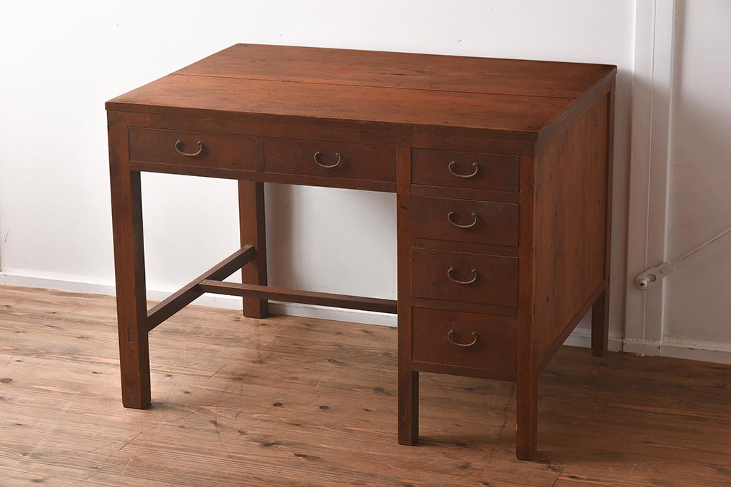 アンティーク家具　昭和初期　ヒノキ材　温かみのある木肌が魅力のレトロな片袖デスク(机、在宅ワーク、在宅用ワークデスク)(R-040222)