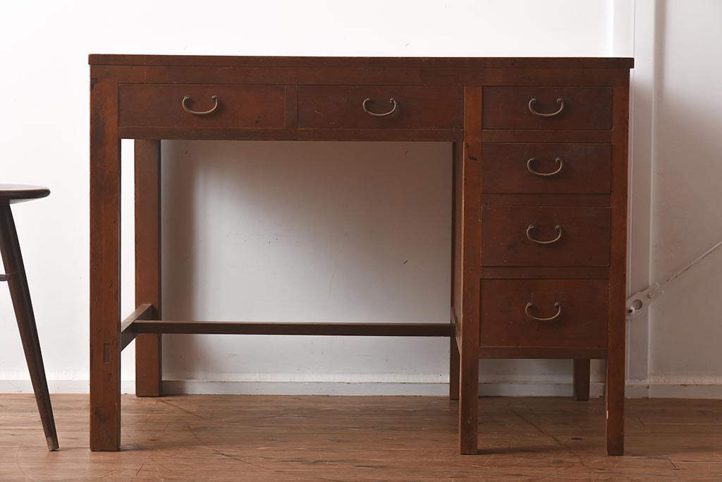 アンティーク家具　昭和初期　ヒノキ材　温かみのある木肌が魅力のレトロな片袖デスク(机、在宅ワーク、在宅用ワークデスク)(R-040222)