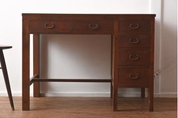 アンティーク家具　昭和初期　ヒノキ材　温かみのある木肌が魅力のレトロな片袖デスク(机、在宅ワーク、在宅用ワークデスク)(R-040222)