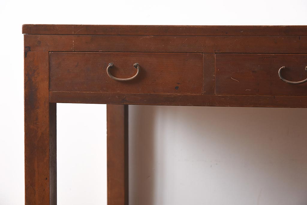 アンティーク家具　昭和初期　ヒノキ材　温かみのある木肌が魅力のレトロな片袖デスク(机、在宅ワーク、在宅用ワークデスク)(R-040222)