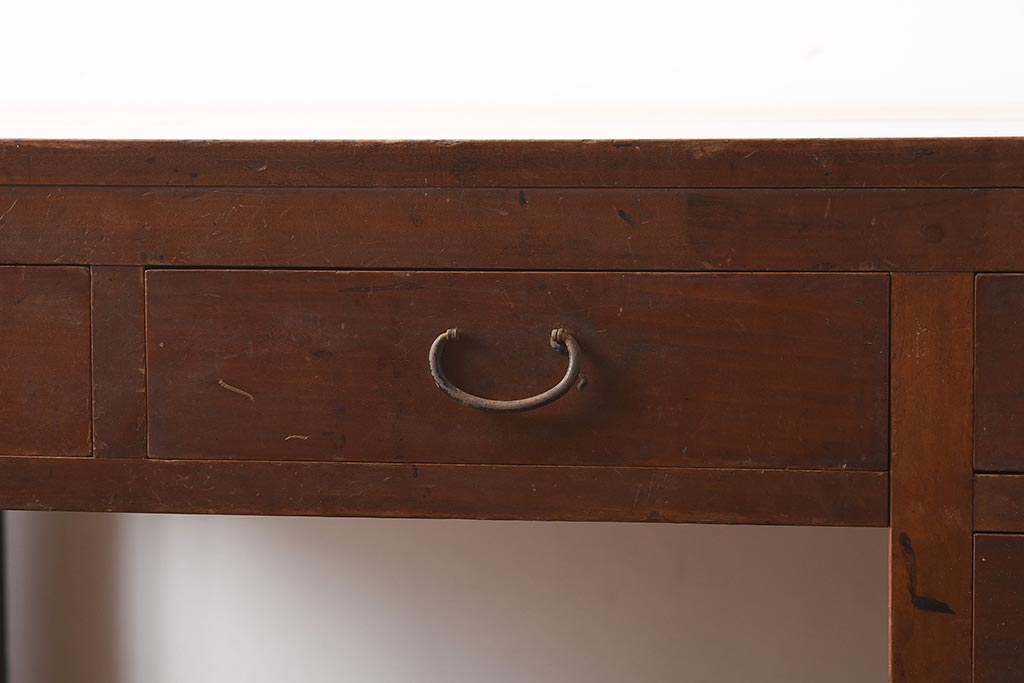 アンティーク家具　昭和初期　ヒノキ材　温かみのある木肌が魅力のレトロな片袖デスク(机、在宅ワーク、在宅用ワークデスク)(R-040222)