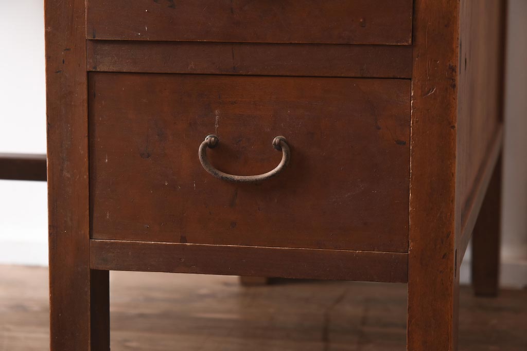 アンティーク家具　昭和初期　ヒノキ材　温かみのある木肌が魅力のレトロな片袖デスク(机、在宅ワーク、在宅用ワークデスク)(R-040222)