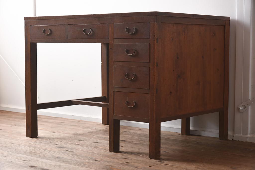 アンティーク家具　昭和初期　ヒノキ材　温かみのある木肌が魅力のレトロな片袖デスク(机、在宅ワーク、在宅用ワークデスク)(R-040222)