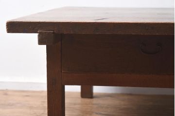 アンティーク家具　明治大正期　天板ケヤキ一枚板　両面に取っ手が付いた引き出し付きの座卓(ローテーブル、座机、リビングテーブル)(R-040231)