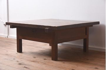 アンティーク家具　明治大正期　天板ケヤキ一枚板　両面に取っ手が付いた引き出し付きの座卓(ローテーブル、座机、リビングテーブル)(R-040231)