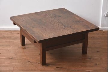 アンティーク家具　明治大正期　天板ケヤキ一枚板　両面に取っ手が付いた引き出し付きの座卓(ローテーブル、座机、リビングテーブル)(R-040231)