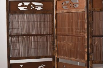 アンティーク雑貨　和製アンティーク　すかし彫りの意匠が風情あふれる四連折り畳み式パーテーション(衝立、仕切り)(R-040235)