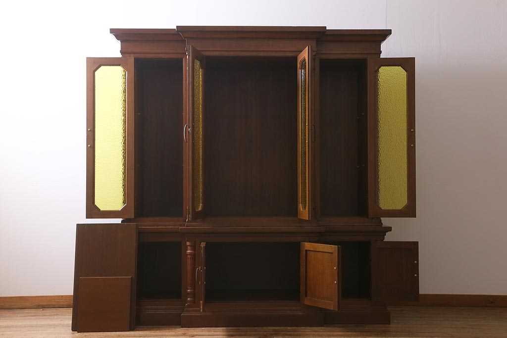 ヴィンテージ家具 フランスビンテージ マホガニー材 色付きガラス エレガントな佇まいが魅力のカップボード(食器棚、キャビネット、収納棚、戸棚)(R-040238)