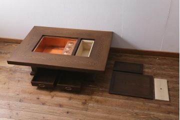 中古　最高級品　鉄刀木(タガヤサン)無垢材　内部銅製  美しい木目が魅力の関西火鉢(ローテーブル、長火鉢、座卓、リビングテーブル、囲炉裏)(R-040239)