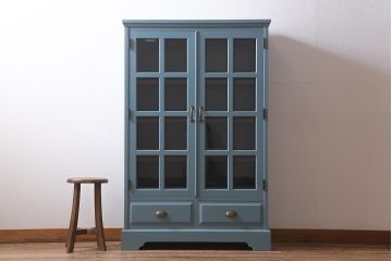 リメイク家具　中古　北海道民芸家具　ブルーペイントがおしゃれなキャビネット(収納棚、戸棚)(R-040243)