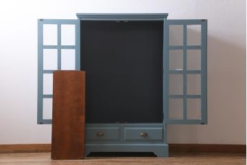 リメイク家具　中古　北海道民芸家具　ブルーペイントがおしゃれなキャビネット(収納棚、戸棚)(R-040243)