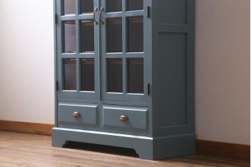 リメイク家具　中古　北海道民芸家具　ブルーペイントがおしゃれなキャビネット(収納棚、戸棚)(R-040243)